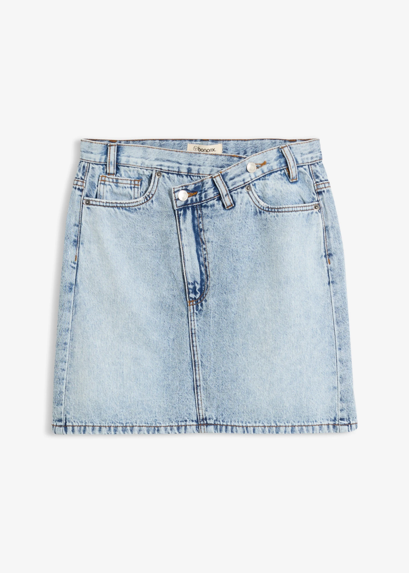 Farmerszoknya aszimmetrikus derékpánttal • jégkék denim, használt hatású • bonprix áruház