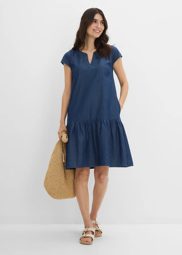 Jeansowa sukienka tunikowa z bawełny, kolor: niebieski denim