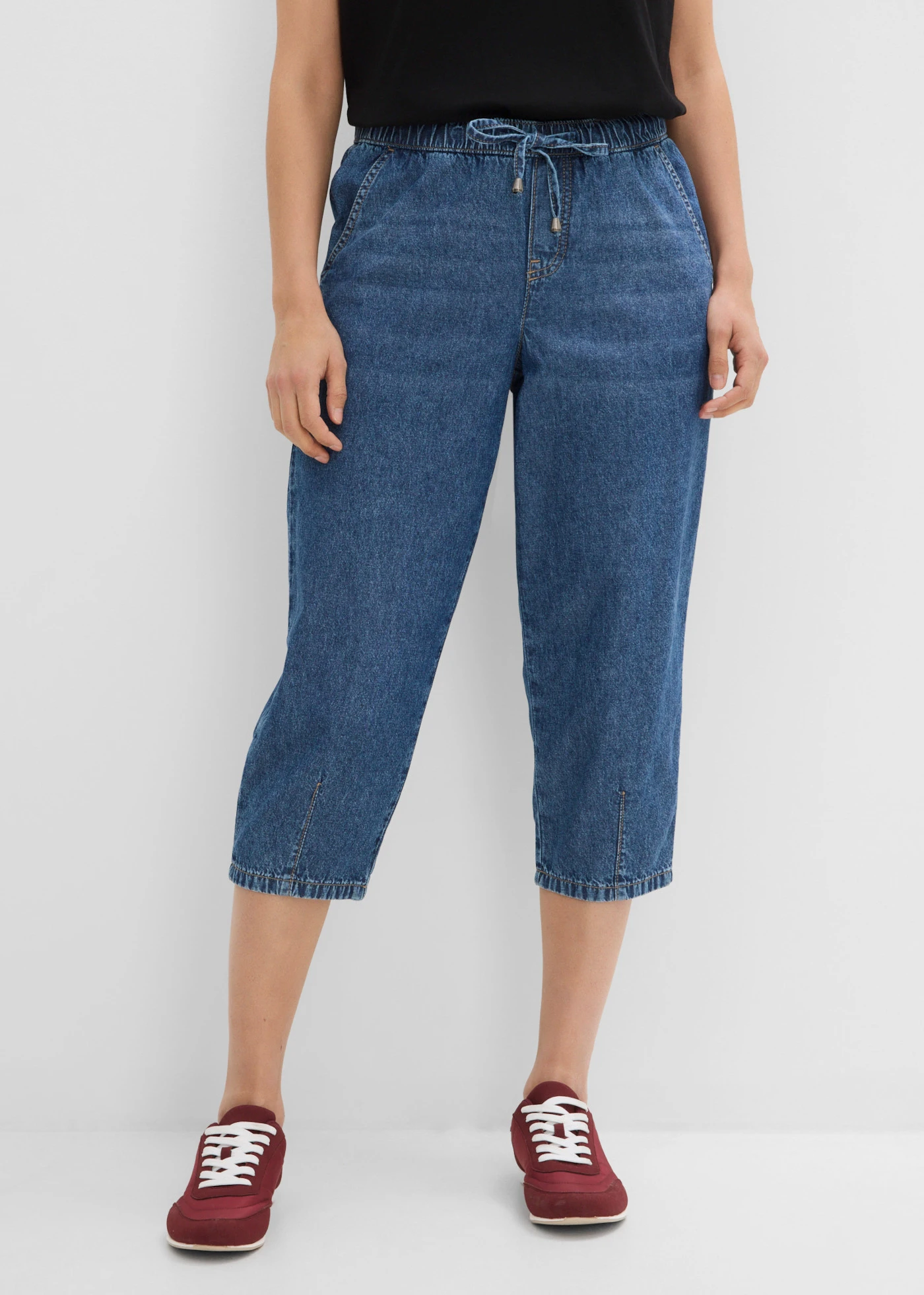 Jeansy barrel, mid waist, cropped • niebieski denim "used" • sklep bonprix