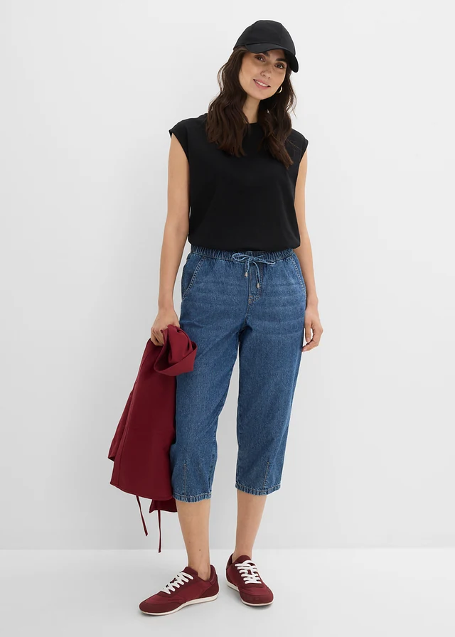 Jeansy barrel, mid waist, cropped • niebieski denim "used" • sklep bonprix
