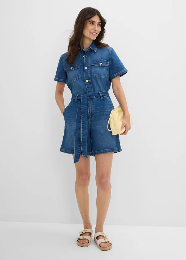 Salopetă din blugi cu mânecă scurtă, culoare: albastru denim uzat