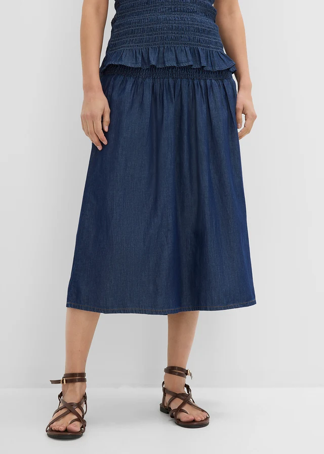 Jupe midi en jean, taille élastiquée, Couleur: bleu denim used