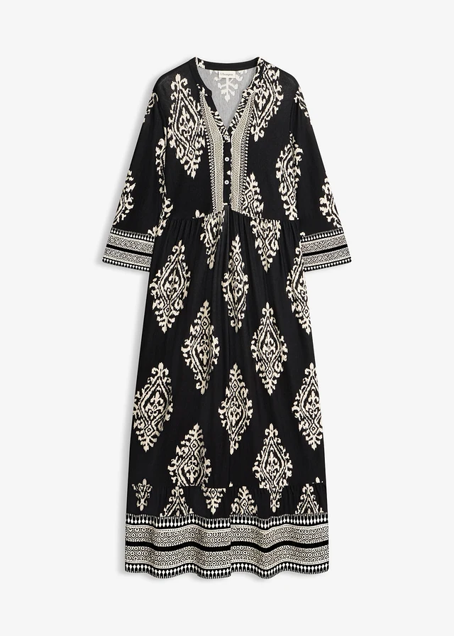 Rochie gen tunică din amestec moale de viscoză, culoare: negru-ecru cu imprimeu