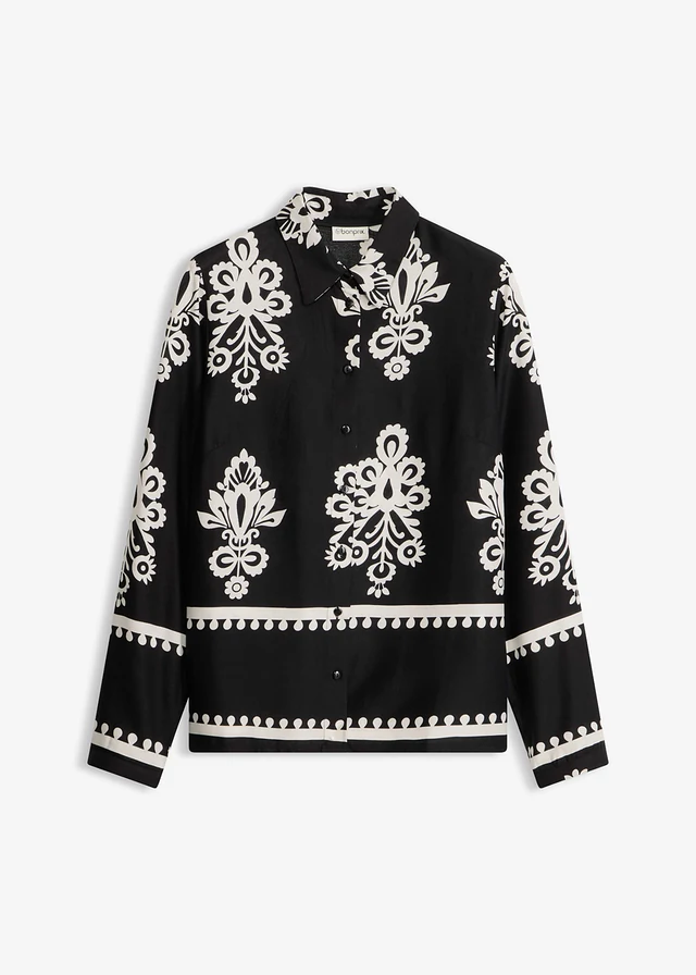 Chemisier en viscose fluide, Couleur: noir/écru imprimé