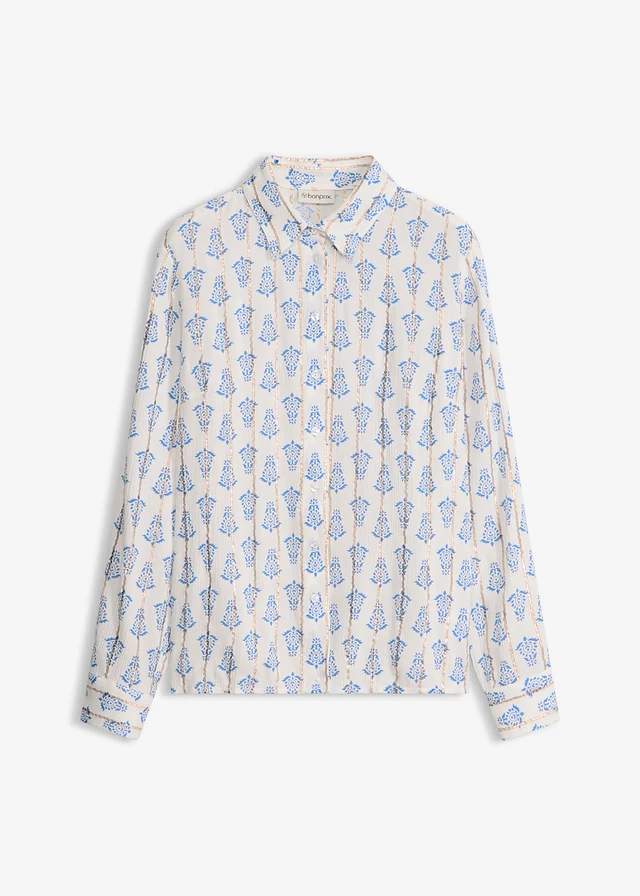 Chemisier en viscose texturée avec fil brillant, Couleur: blanc/bleu imprimé
