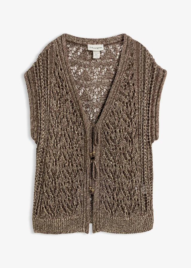 Ajour gebreid vest met viscose en glittergaren, Kleur: donkerbruin/metallic goud