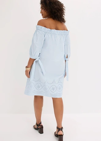 Off shoulder jurk van puur katoen met broderie anglaise, Kleur: poederblauw