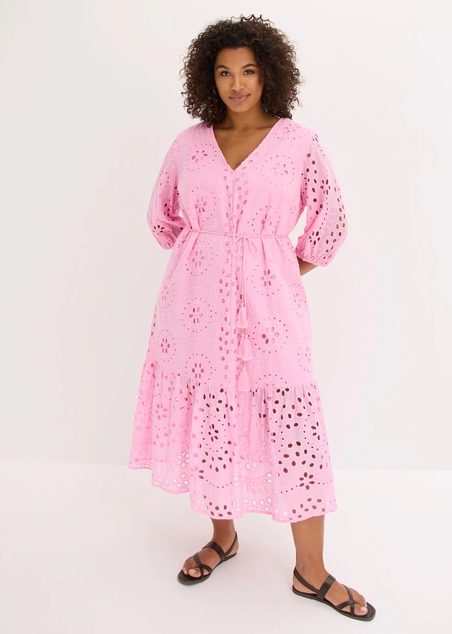 Robe midi en broderie anglaise 100% coton, Couleur: rose