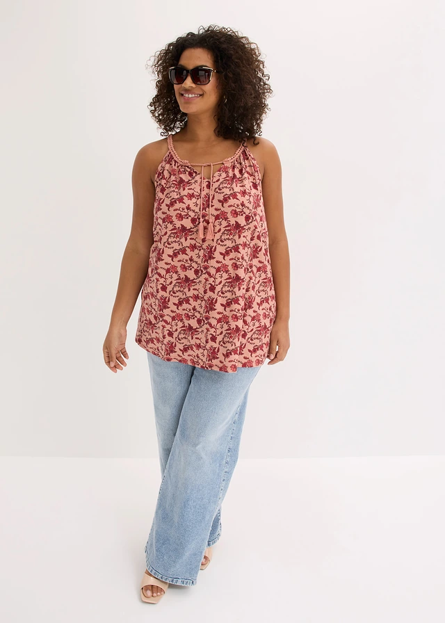 Spaghetti top van viscose, Kleur: poederbruin gebloemd