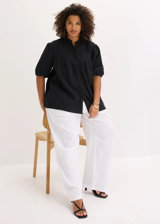 Blouse met korte mouwen van luchtige mousseline, Kleur: zwart