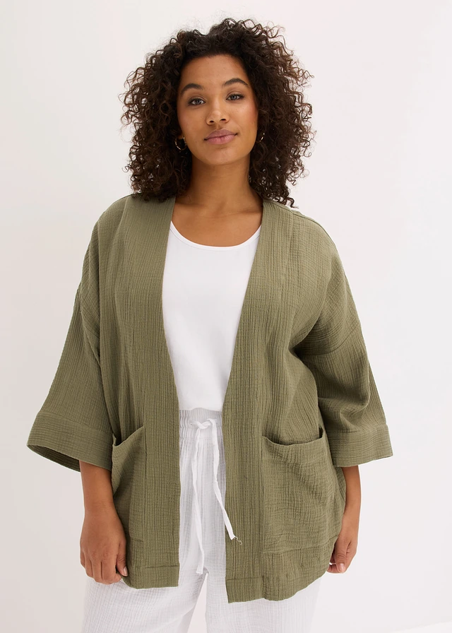Kimono van luchtige mousseline, Kleur: olijfgroen
