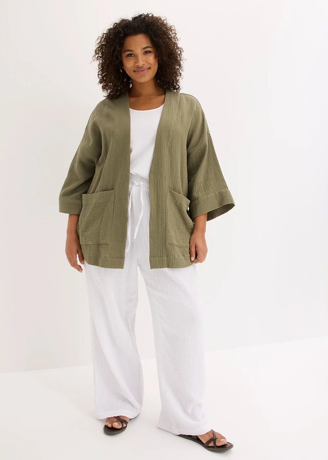 Kimono van luchtige mousseline, Kleur: olijfgroen