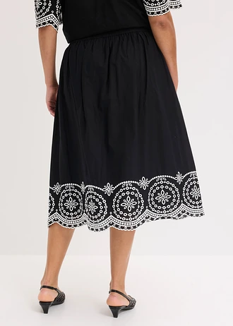 Midirok met broderie anglaise van puur katoen, Kleur: zwart/wit