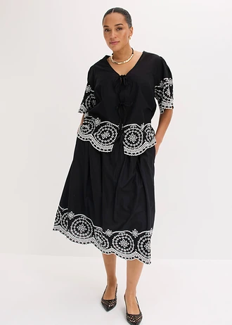 Jupe midi à broderie anglaise, 100% coton, Couleur: noir + blanc