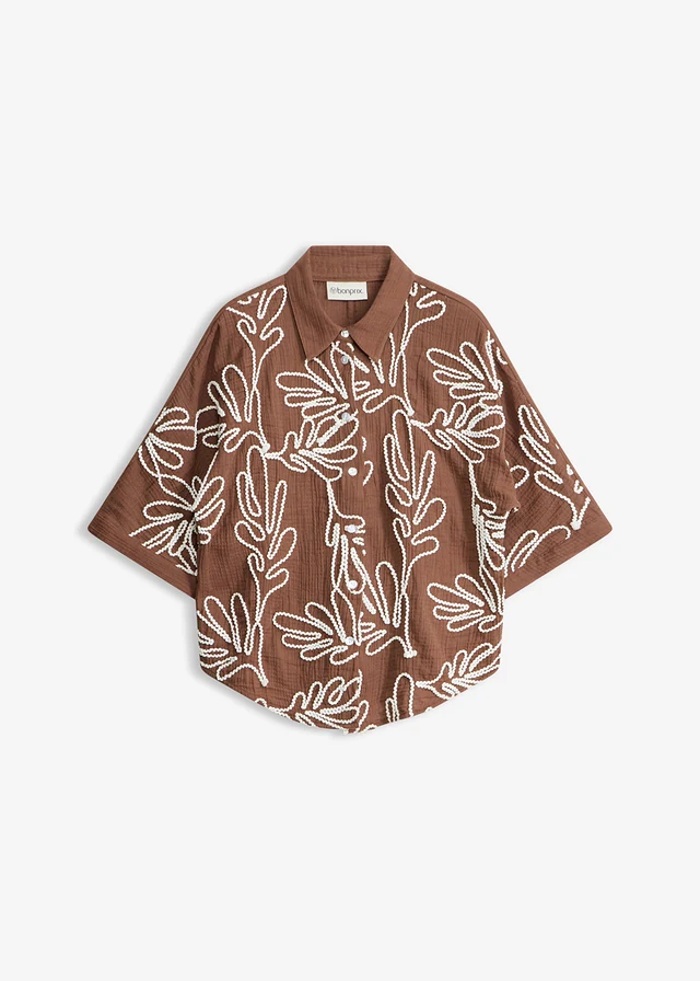 Bluză din bumbac 100%, cu broderie, culoare: maro-alb floral