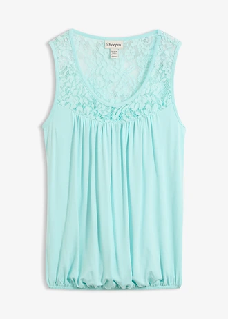 Top en viscose extensible et dentelle, Couleur: bleu aqua