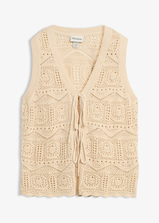 Ajour vest van een katoenmix, Kleur: lichtsand