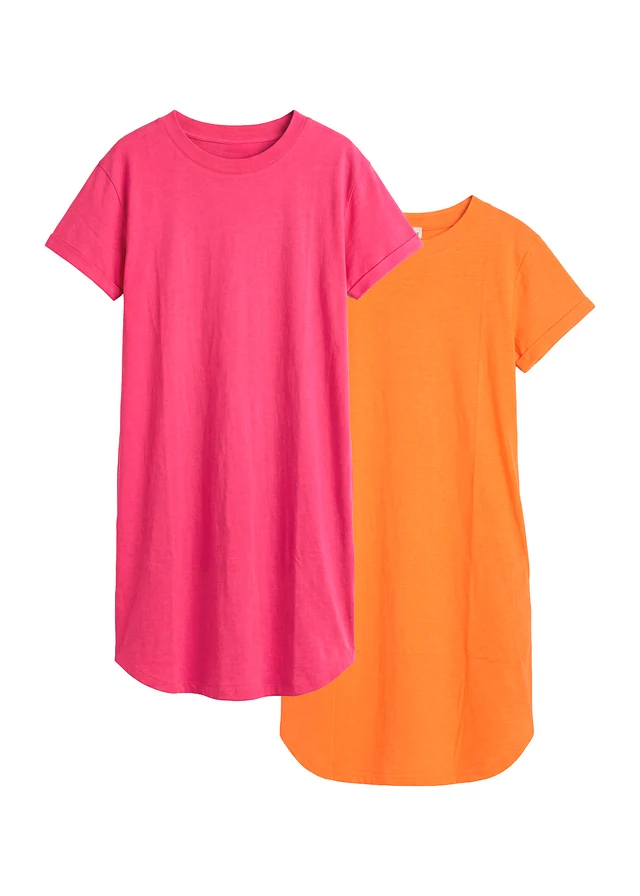 Lot de 2 robes T-shirt légères en coton flammé • orange vif-fuchsia • Boutique bonprix