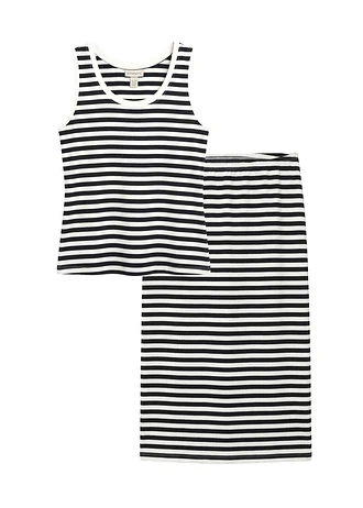 Top en rok van een elastische katoenmix (2-dlg. set), Kleur: wolwit/zwart gestreept