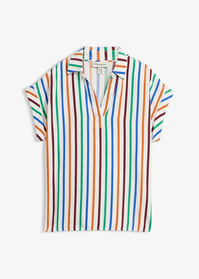 Tuniekblouse, Kleur: wolwit-terracotta-esdoornrood-kobaltblauw-edelsteengroen verticaal gestreept
