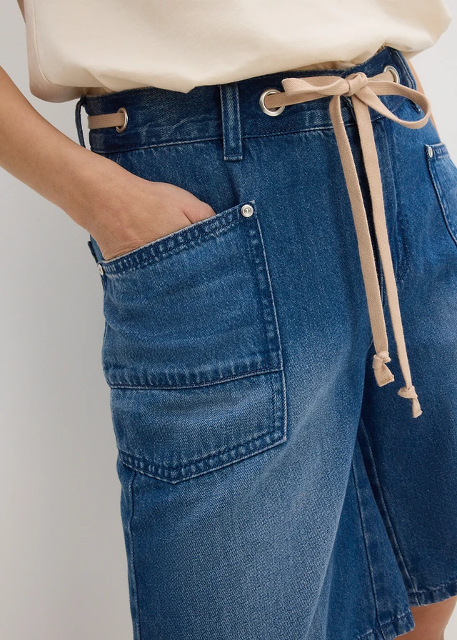 Farmer bermuda, Mid Waist, zsinórral • kék denim, használt hatású • bonprix áruház