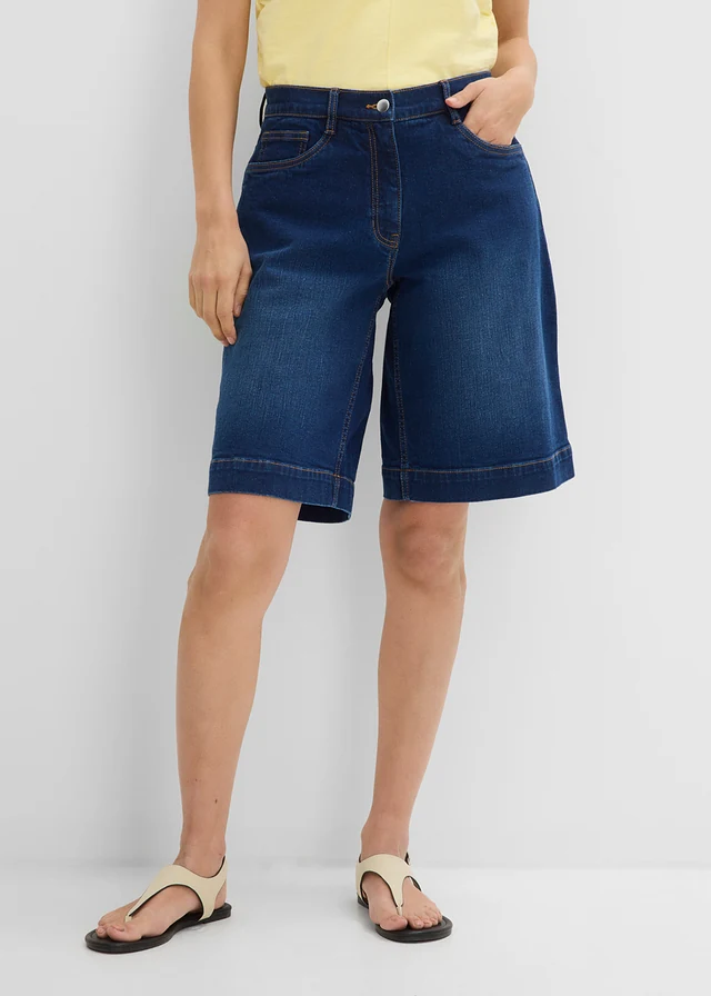 Bermudy jeansowe, mid waist, z bawełny organicznej, kolor: ciemnoniebieski denim "used"