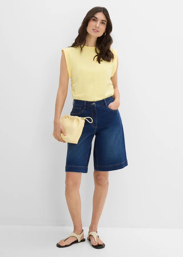 Džínsové bermudy Mid Waist z bio bavlny, farba: tmavomodrá denim used