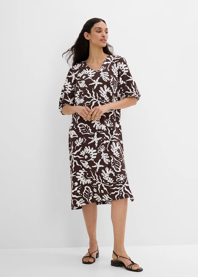 Robe midi en viscose mélangée, Couleur: marron foncé-écru imprimé
