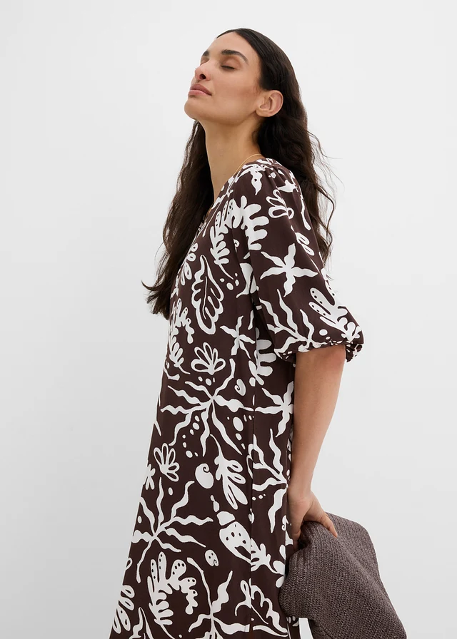 Midi jurk in een viscosemix • donkerbruin-wolwit met print • product-page.page-title-suffix