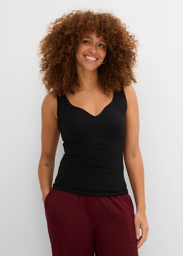 Geribde top van zachte viscose, Kleur: zwart
