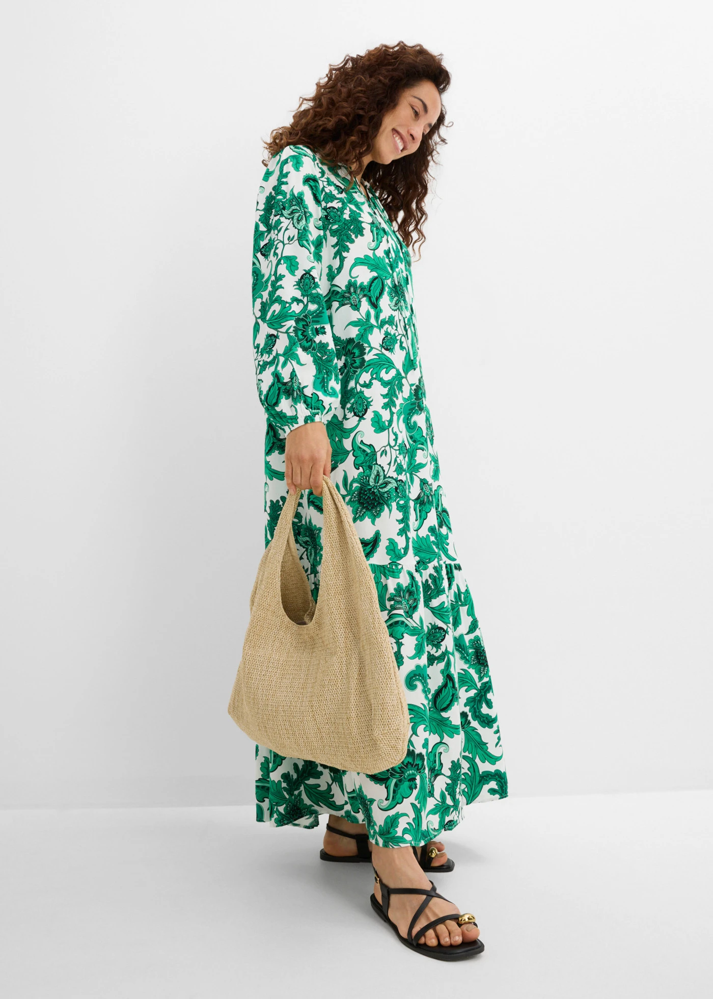 Tuniekjurk van soepele viscose • edelsteengroen-wolwit gebloemd • product-page.page-title-suffix