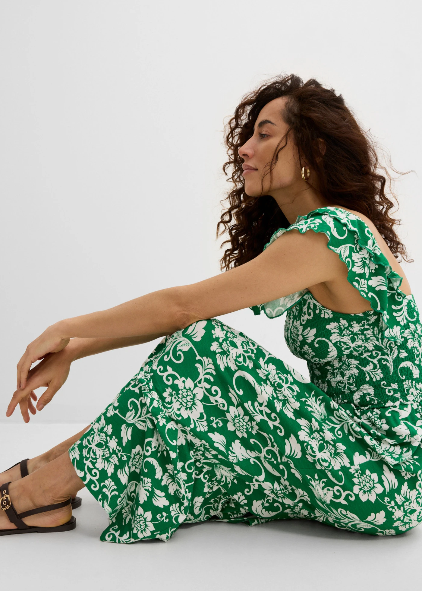 Robe midi en viscose extensible • vert aventurine-écru floral • product-page.page-title-suffix