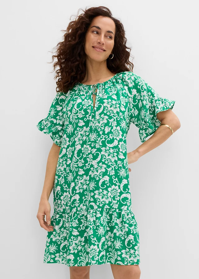 Rochie gen tunică din amestec moale de viscoză, culoare: verde-nestemată-ecru cu imprimeu