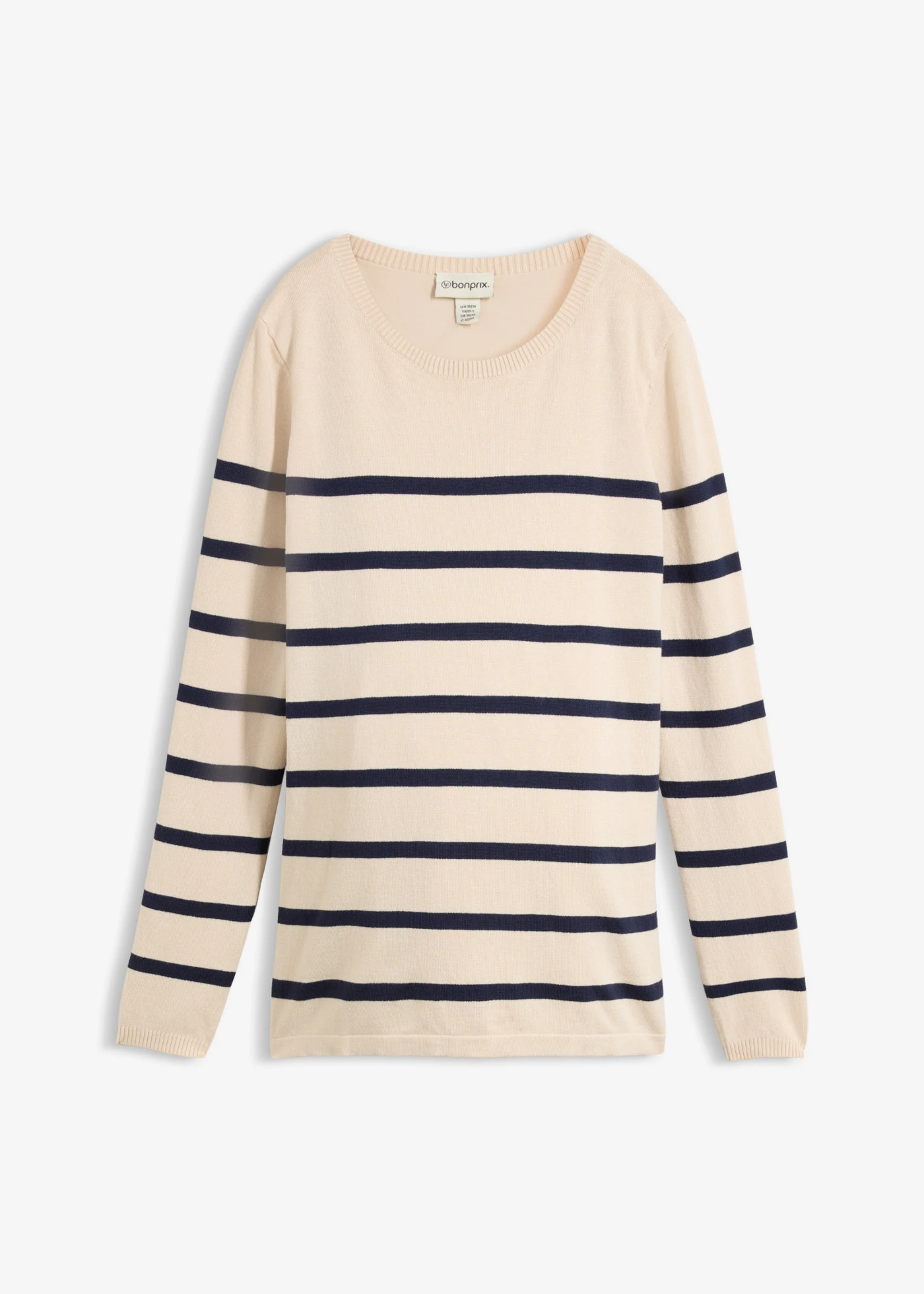 Lekki sweter 2 w 1 na okres ciąży i do karmienia • szarobeżowy-granatowy w paski • sklep bonprix