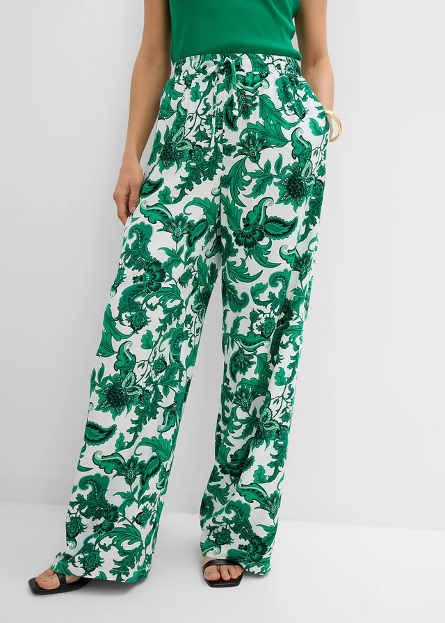 Marlene Dietrich broek van soepele viscose, Kleur: edelsteengroen-wolwit gebloemd