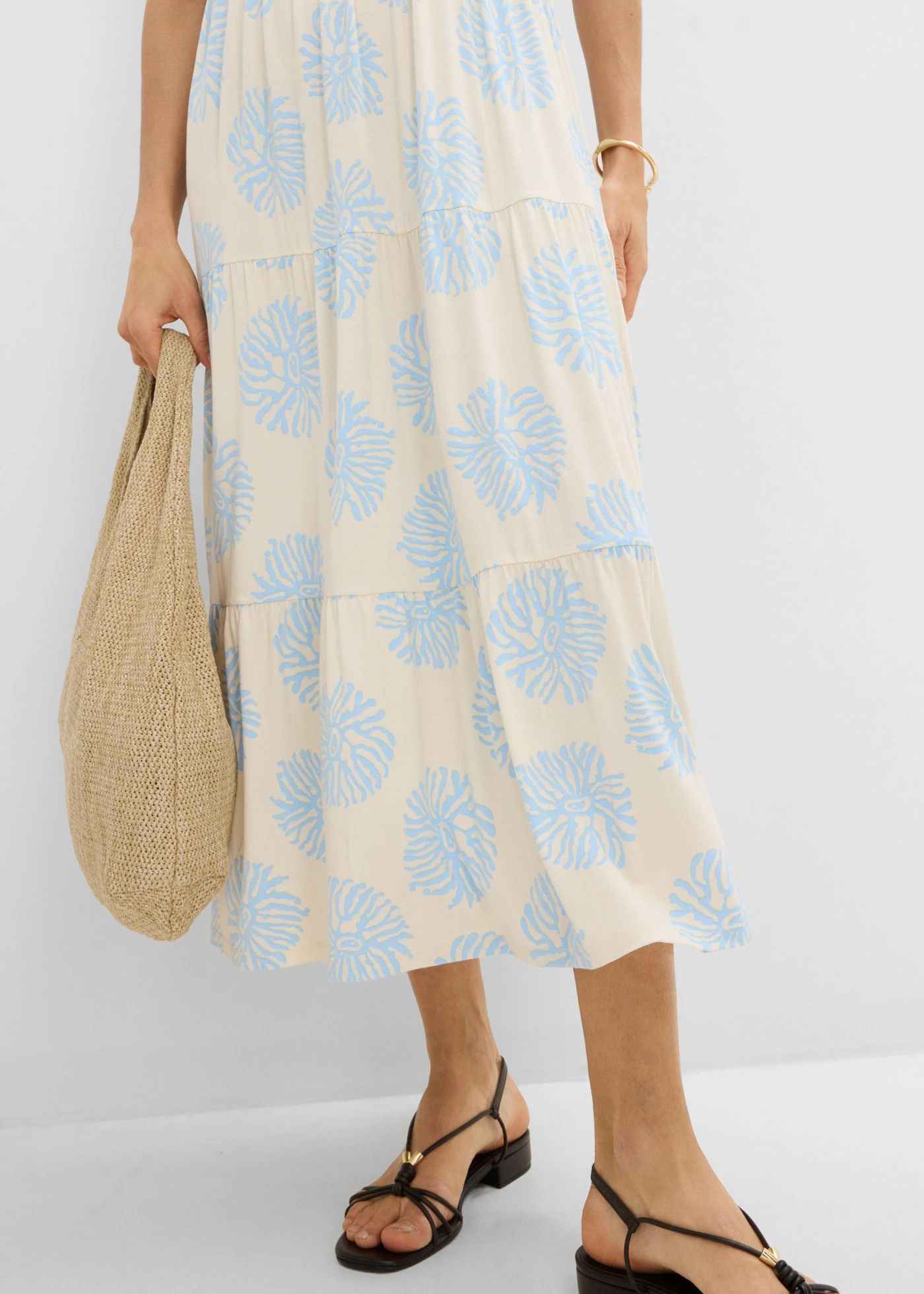 Rochie din jerse din amestec moale cu viscoză • ecru-bleu cu imprimeu • magazin bonprix