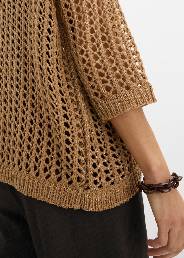 Jachetă tricotată ajour cu paiete • bej-camel mat • magazin bonprix