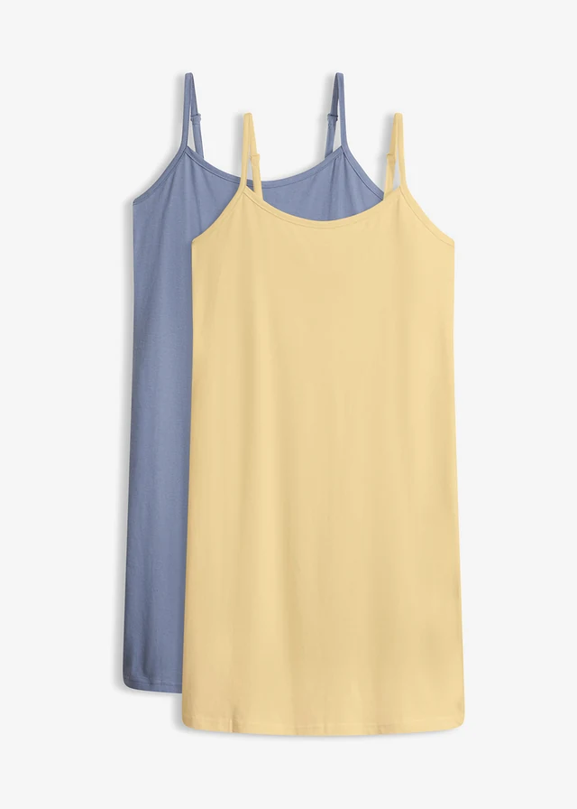 Lot de 2 chemises de nuit à bretelles spaghetti, Couleur: jaune pastel + bleu fumé