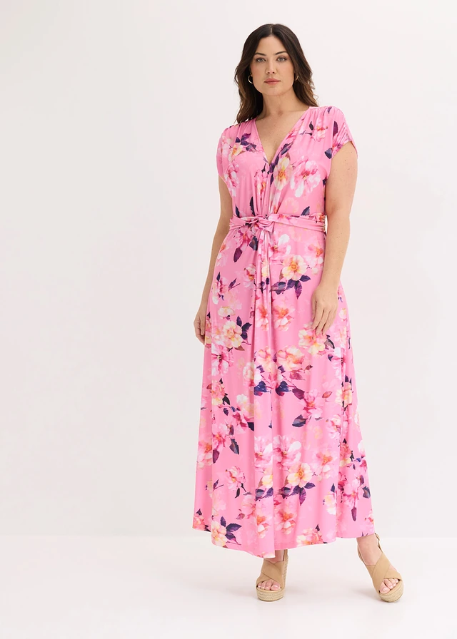 Jersey jurk, Kleur: roze gebloemd