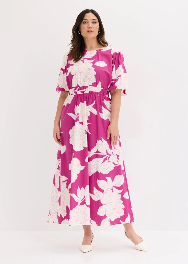 Robe longue 100% coton, Couleur: rose-fuchsia floral