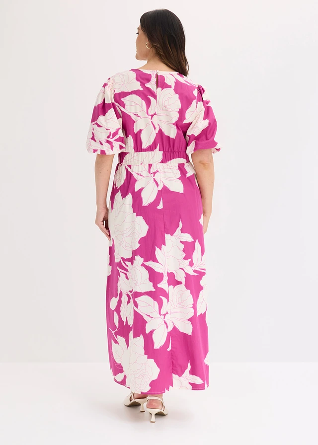 Robe longue 100% coton, Couleur: rose-fuchsia floral