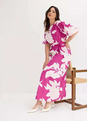Robe longue 100% coton, Couleur: rose-fuchsia floral