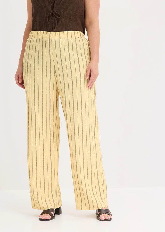 Pantalon taille élastiquée en jersey texturé, Couleur: jaune pastel-marron foncé rayé