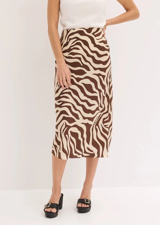 Fustă midi din satin fluid, culoare: maro cu imprimeu