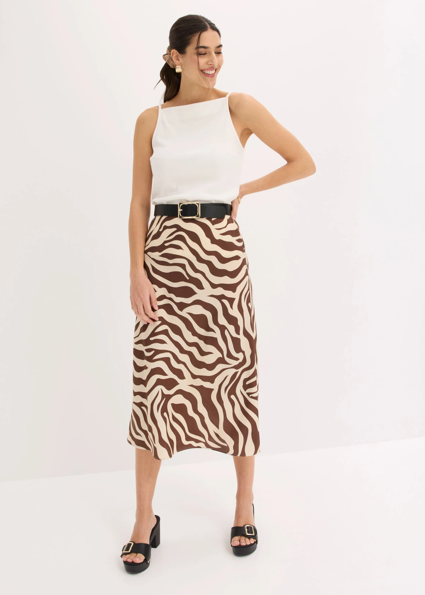 Jupe midi en satin fluide • marron imprimé • product-page.page-title-suffix