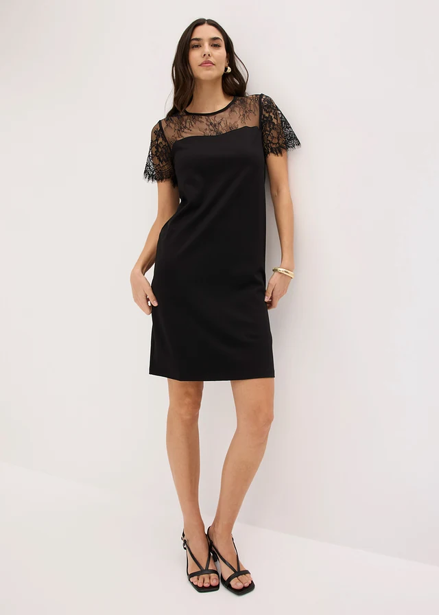 Rochie din jerse cu dantelă, culoare: negru