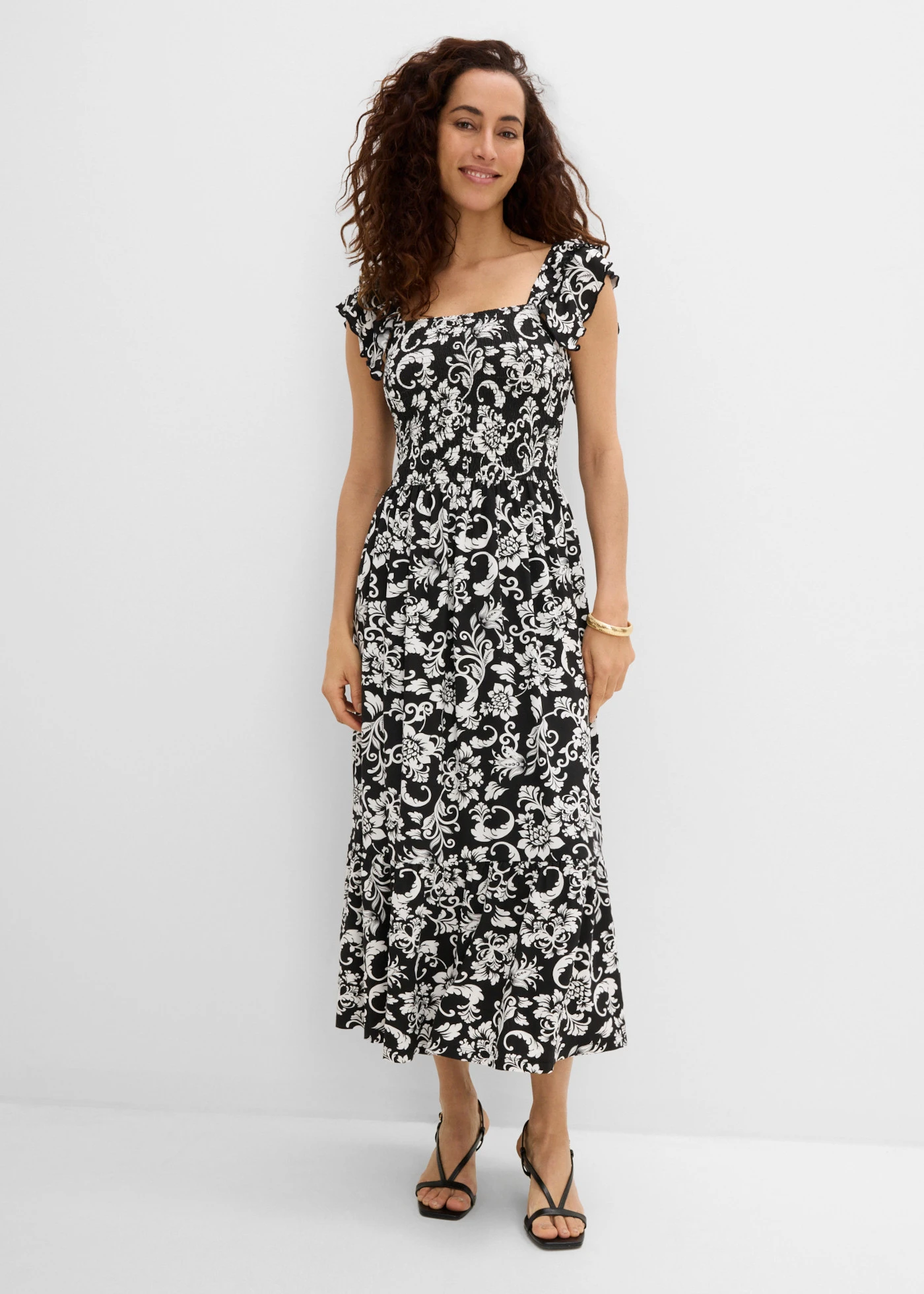 Rochie midi din material cu viscoză • negru-ecru floral • magazin bonprix