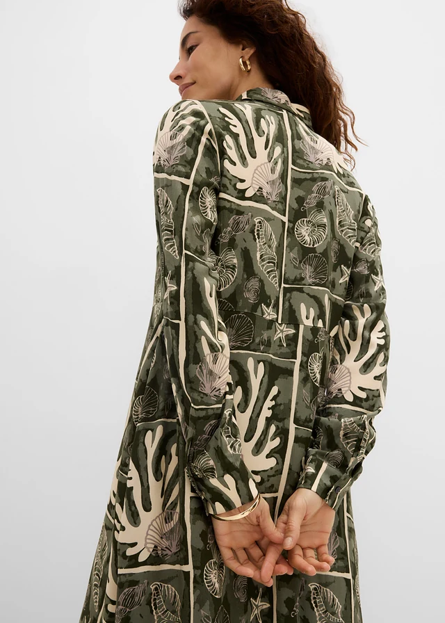 Rochie cămașă din viscoză fluidă • bej-prund-verde închis cu imprimeu • magazin bonprix
