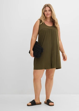 Robe courte en jersey en viscose douce, Couleur: olive foncé
