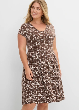 Jersey jurk in een viscosemix, Kleur: bruin-wolwit met print